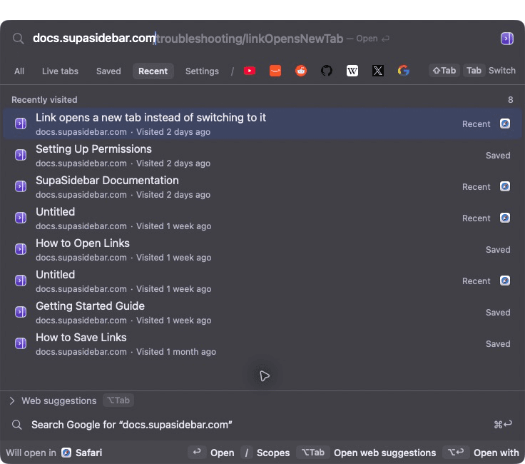 Search Your Browser History in SupaSidebar