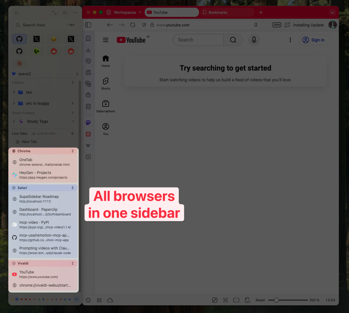 SupaSidebar showing Live Tabs from Chrome, Safari, and Firefox in one sidebar