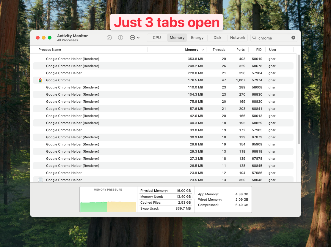 Chrome RAM usage in Activity Monitor showing high memory consumption
