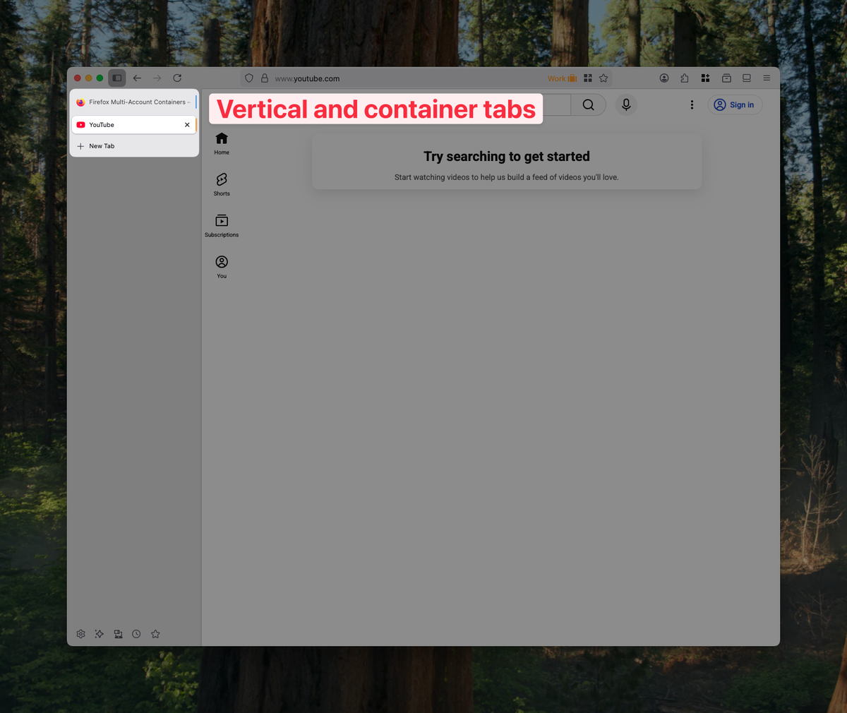Firefox with vertical tabs and container tabs showing colored identity indicators
