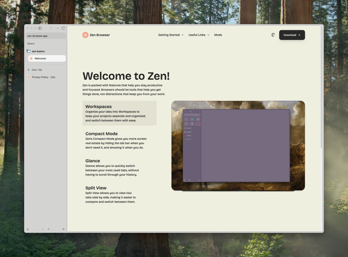 Zen Browser workspace view with vertical tabs and split view