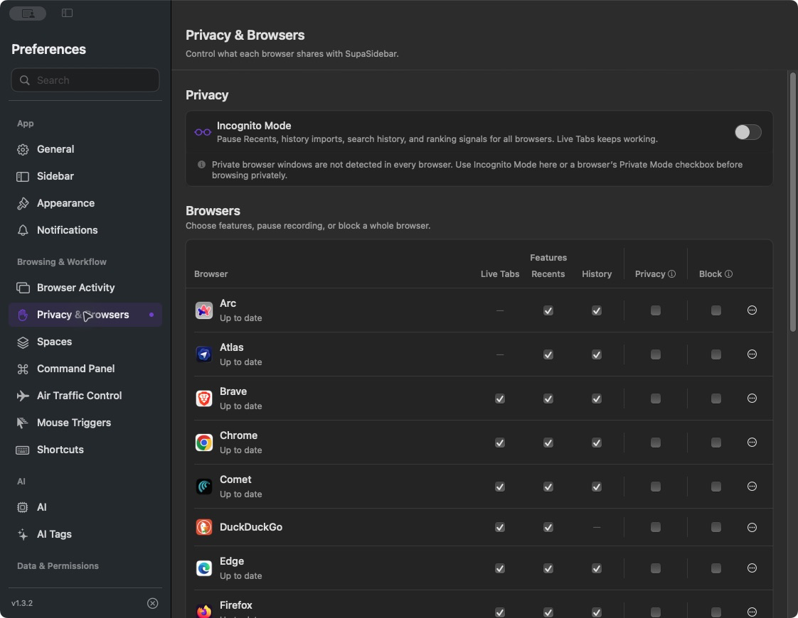 Choose each browser's History setting or pause recording with Privacy and Incognito Mode