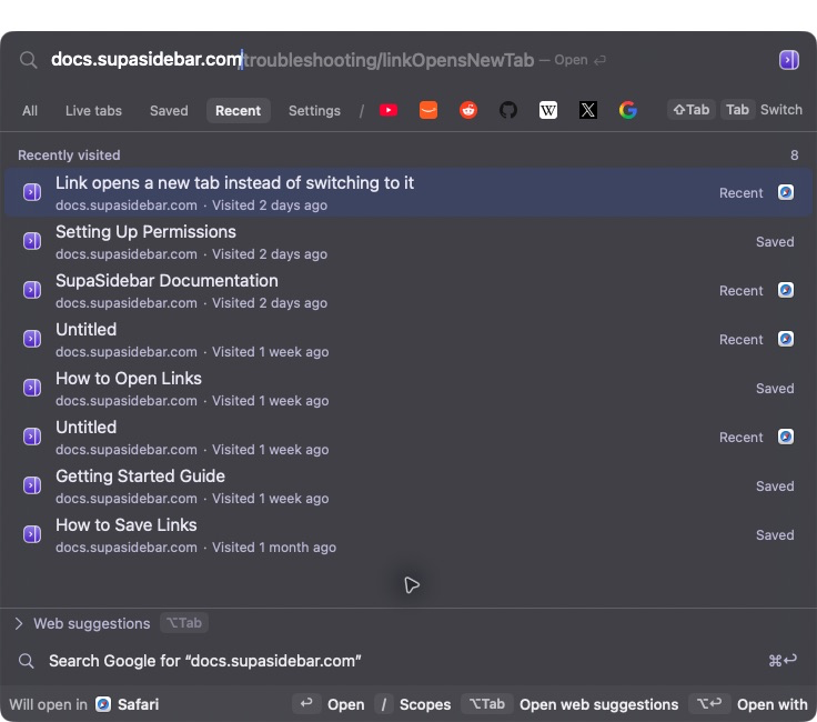 Searching docs.supasidebar.com in Recent returns previously visited documentation pages