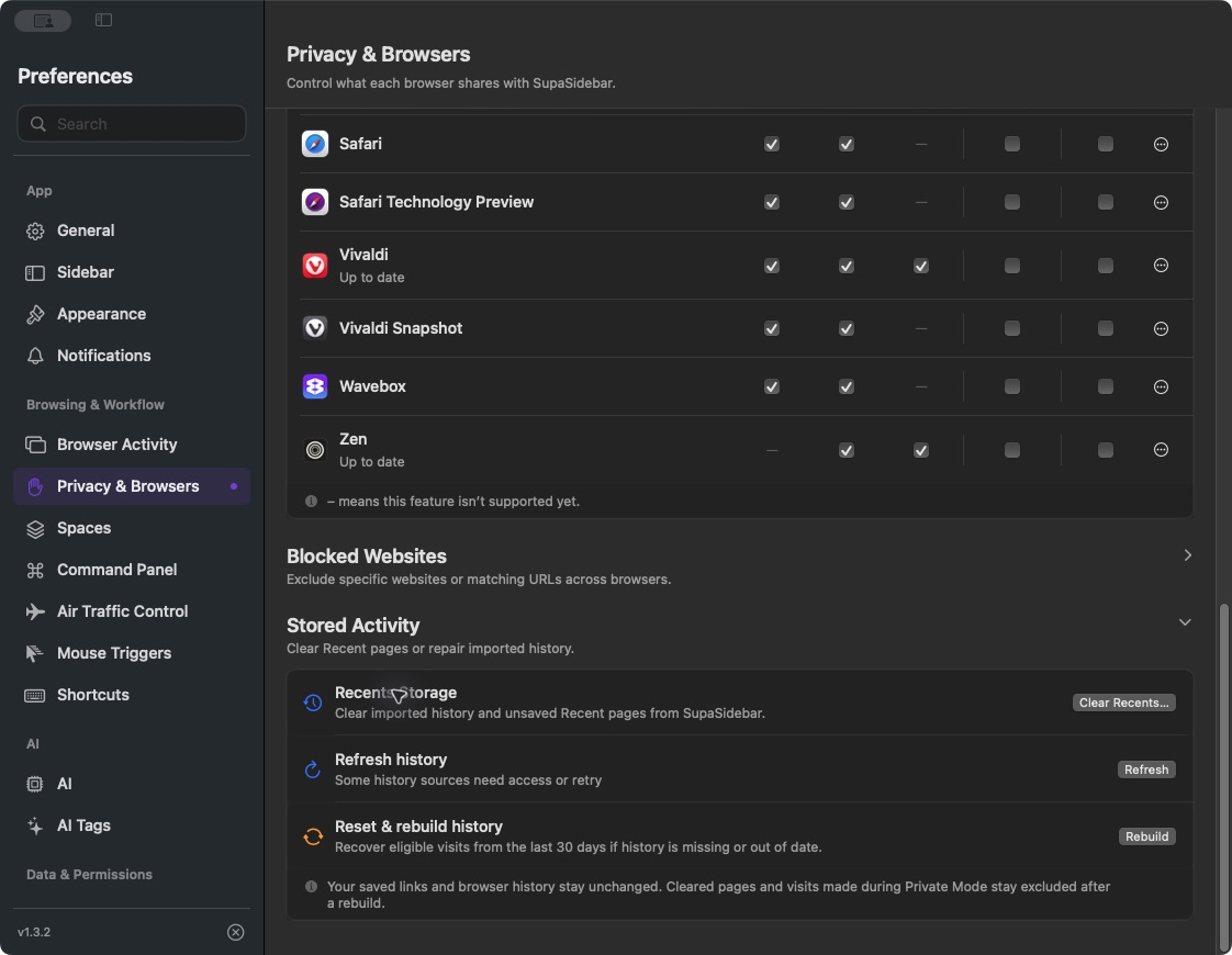 Expanded Stored Activity shows import status above Clear Recents, Refresh, and Reset and rebuild history