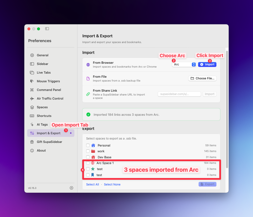 SupaSidebar Import and Export preferences panel showing Arc import flow